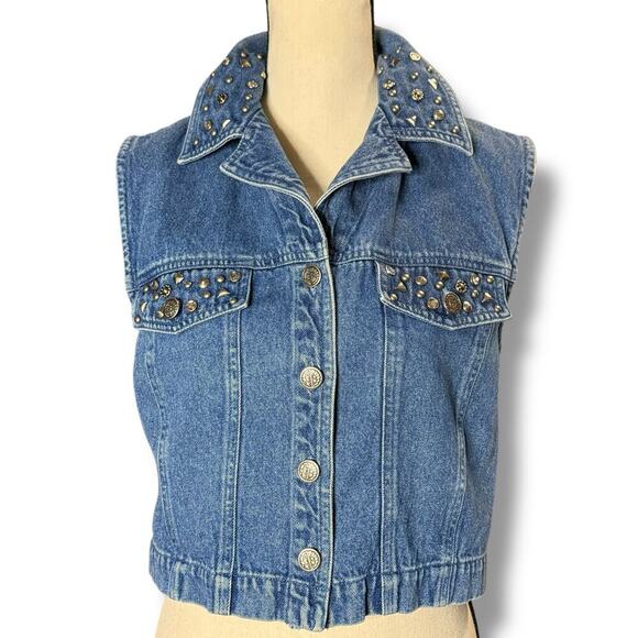 VTG Y2K Metal Studded Bedazzled Rhinestone Crop Blue Denim Jean Vest Size Small - Picture 11 of 11